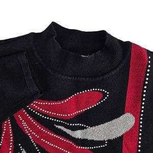 Alfred Dunner Women PM Black / Red Beaded Long Sleeve Mock Neck Pullover Sweater